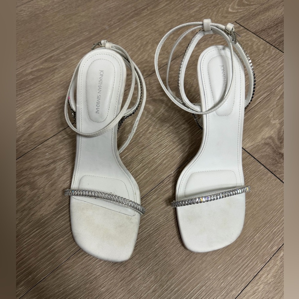 Jonathan Simkhai White Rhinestone Ankle-Wrap Heels | Size 38 (US 7.5)